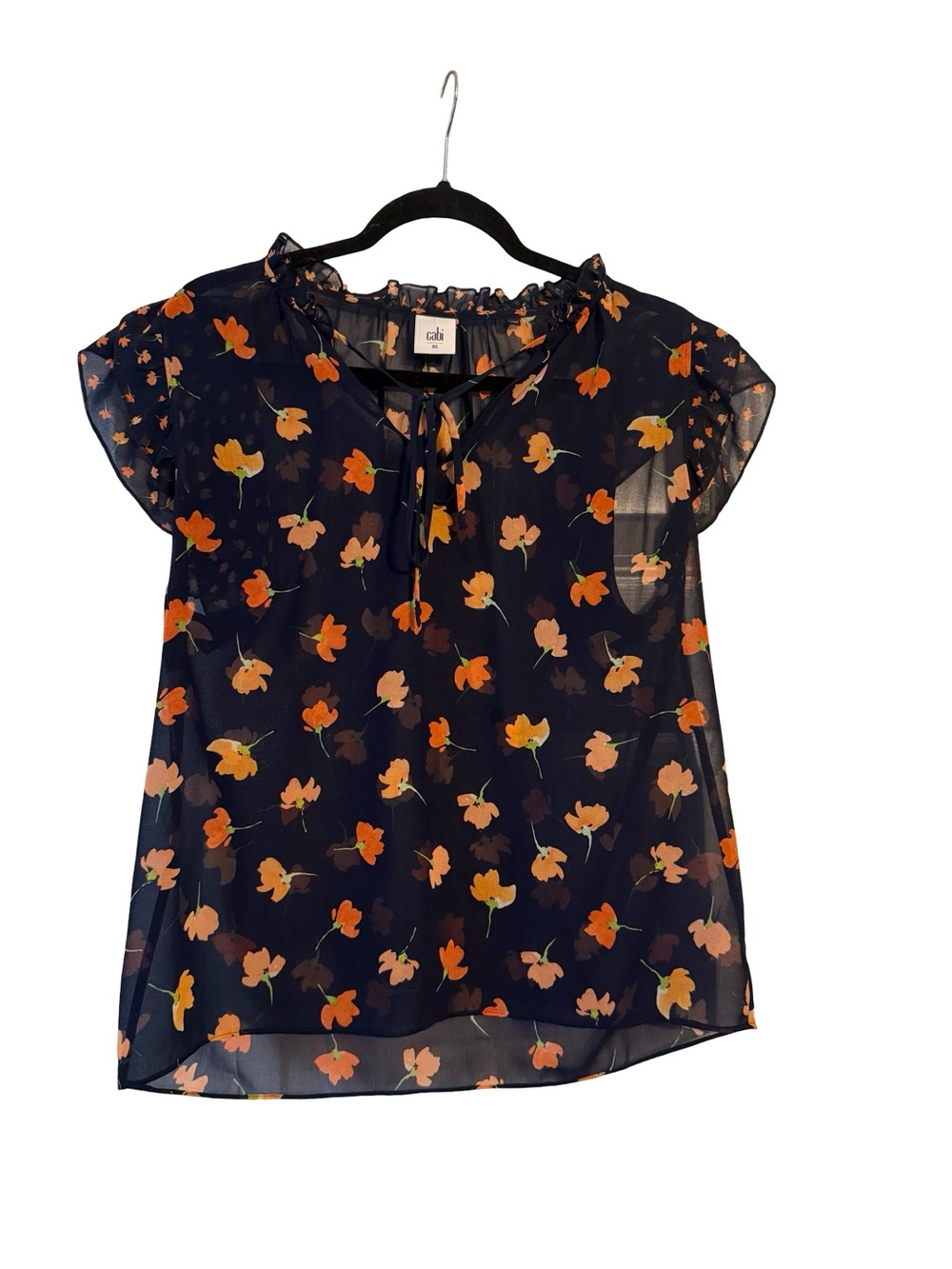 CAbi Navy Floral Tie-Neck Blouse with Orange Blossoms